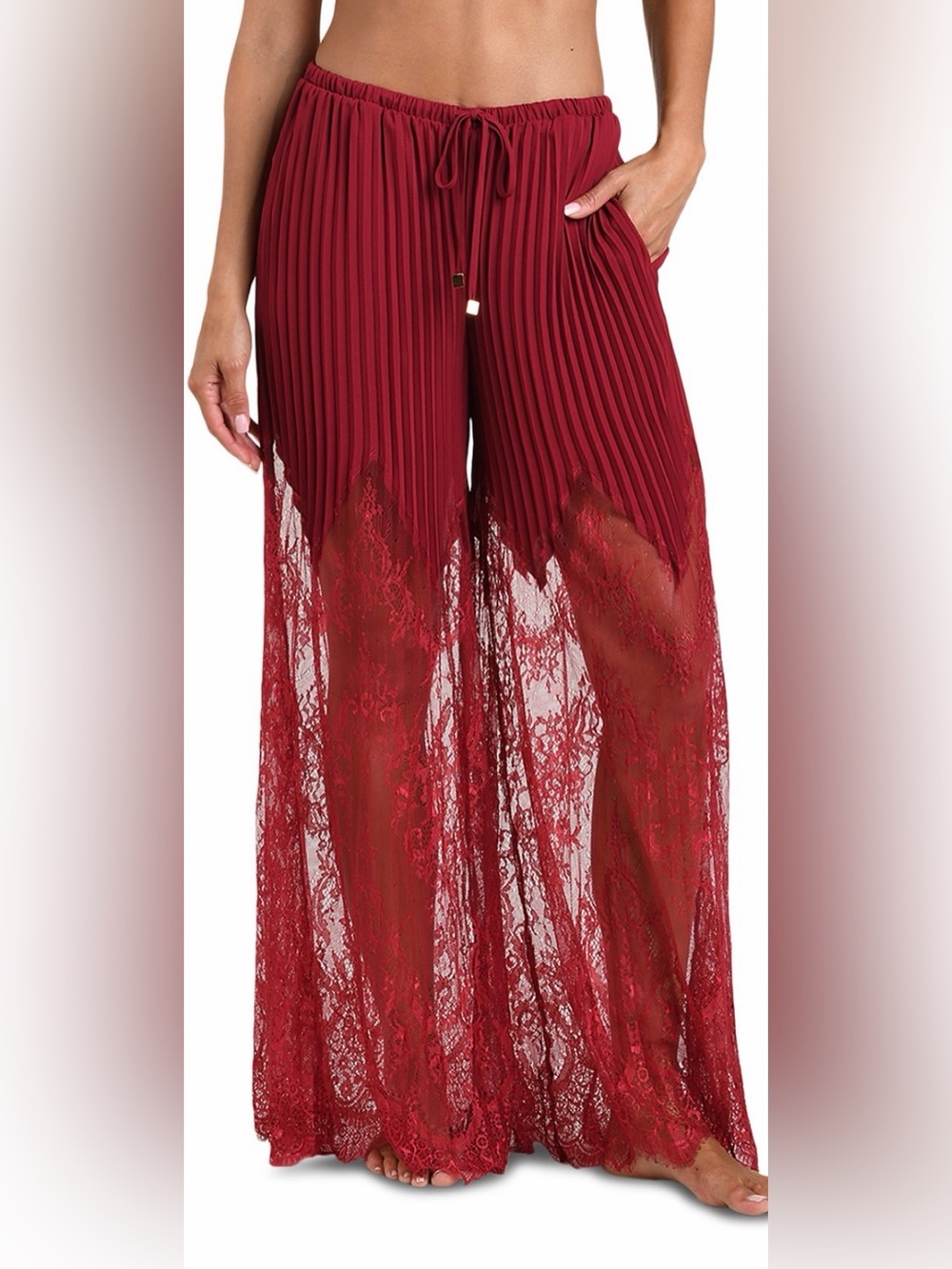 L'AGENCE Sharon Lace Solids Wide Leg Pants Swim Cover-Up in Black Cherry